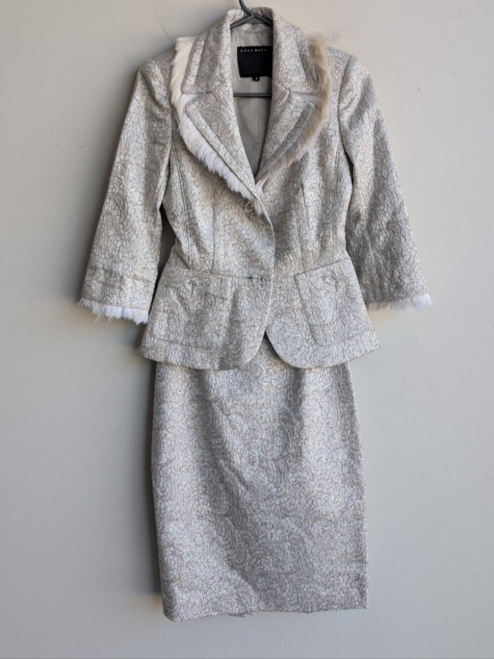 Ross Mayer gold/silver couture two piece suit skirt set With Feather Trim